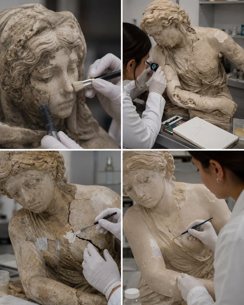 A conservator examining and consolidating a marble sculpture, step by step