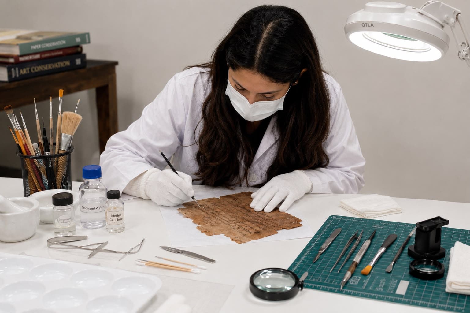 Examining a manuscript folio under a hand loupe and magnifier