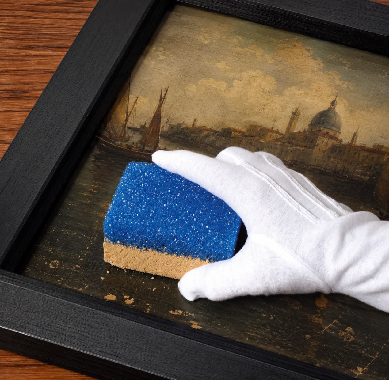 Swab-cleaning the darkened surface of a framed oil painting