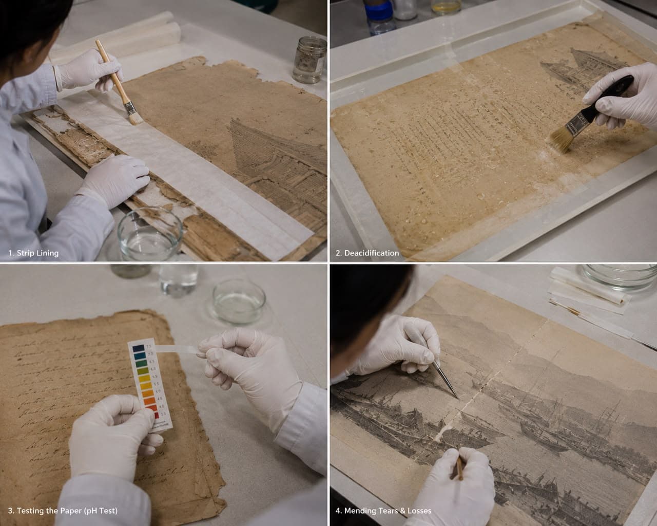 Four stages of a paper document's treatment — strip lining, deacidification, pH testing, and mending tears and losses